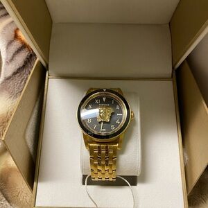 Versace Gold and Black Watch with Round Face and Metal Band